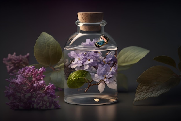 Fragancia lila única y aromática en vial. Fotografía de aroma lila floreciente