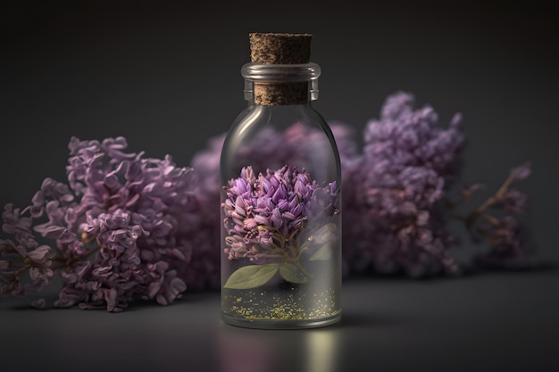 Fragancia lila única y aromática en vial. Fotografía de aroma lila floreciente