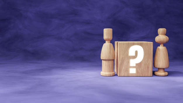 Fragezeichen-Symbol auf Holzkiste mit Holzpflock-Puppen isoliert auf blauem Hintergrund