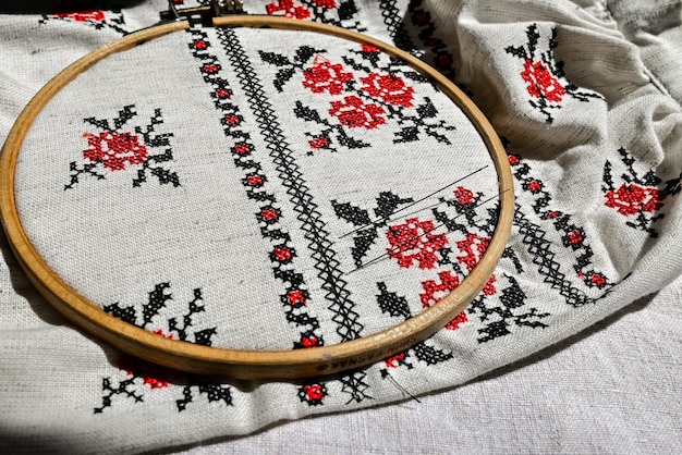 Fragment der ukrainischen Nationaltracht Vyshyvanka ethnische Kleidung mit Stickmustern roten und schwarzen Fäden Closeup Shot Copy Space