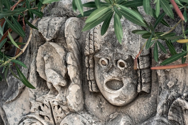 Fragment einer Wand mit Steinschnittmaske unter Vegetation in den Ruinen der antiken Stadt Mira, Türkei