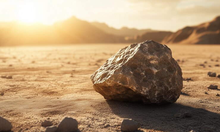 Fragmento aislado de un solo meteorito del desierto con texturas únicas en un paisaje estéril