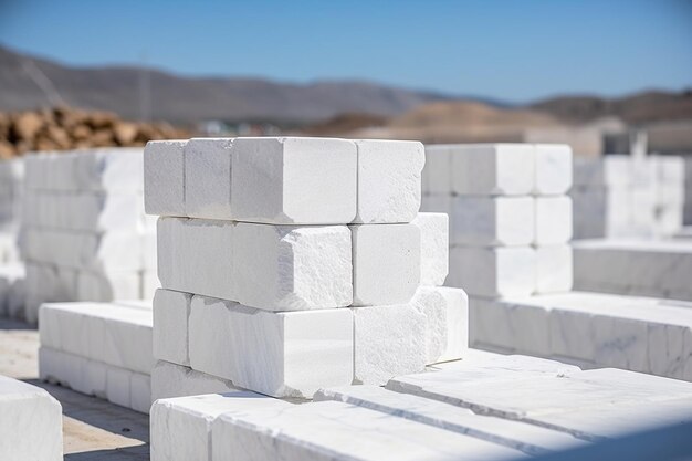 Fragmento de un bloque de mármol blanco crudo fábrica de mármol depósito de piedra de trabajo en Turquía enfoque selectivo