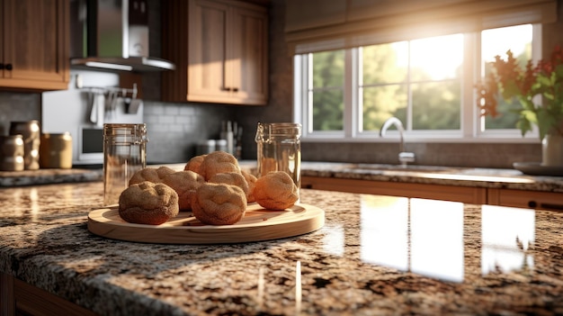 Fragmento de una cocina moderna en una casa de lujo con encimera de cuarzo, gabinetes de madera, decoración de mesa, pasteles