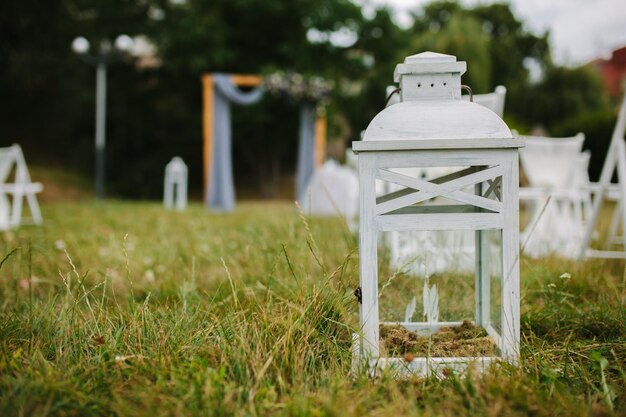 Fragmento como vista de bonitas sillas listas para la ceremonia de boda