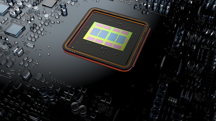 Foto un fragmento de componentes de hardware de computadora. el interior de un potente procesador