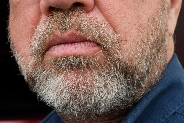 Foto fragmento de barba grisalha masculina em close-up