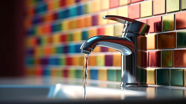 Fragmento de diseño de baño, grifo de agua y azulejos de cerámica, arco iris multicolor, primer plano Generado AI