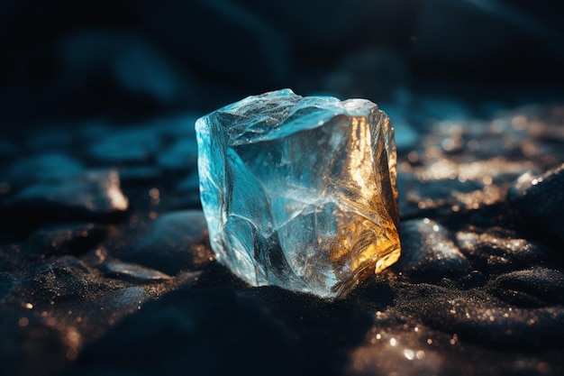 Fragmento de hielo retroiluminado realista sobre fondo oscuro