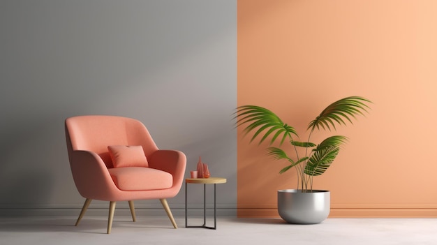 Fragmento de una moderna sala de estar minimalista en tonos naranja pastel, rosa y gris. Sillón de moda, mesa de café, planta decorativa en una maceta. Diseño interior creativo. Representación 3D.