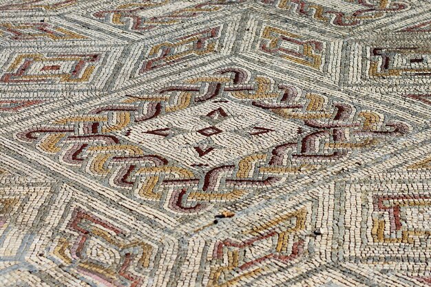 Fragmento de mosaico con trenzas y flores de lirio en la villa romana de Conímbriga Portugal.