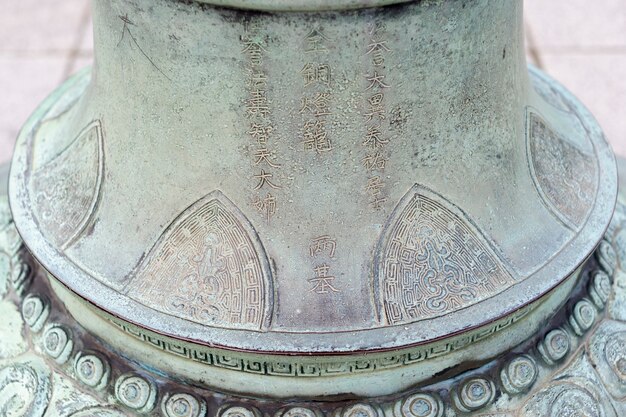Fragmento de ornamento japonés detallado de campana de bronce en Kamakura