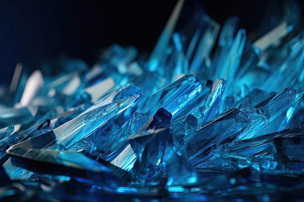 Fragmentos de cristal transparente cayendo en cascada en un degradado azul