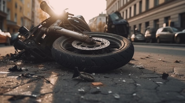 Fragmentos de una motocicleta rota en el pavimento IA generativa