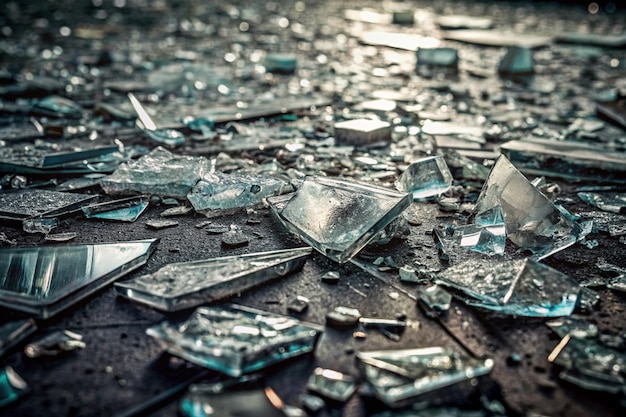 fragmentos de vidrio rotos y fragmentos esparcidos por el suelo