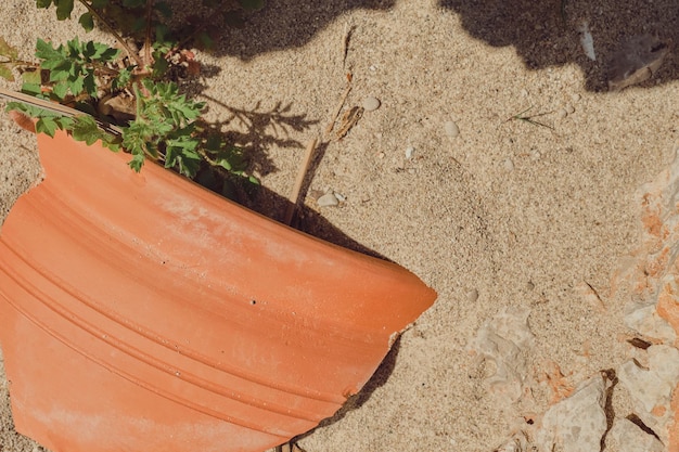 Fragmentos de viejos platos rotos o una olla en la historia de la arena o basura desechada ecología de la vida