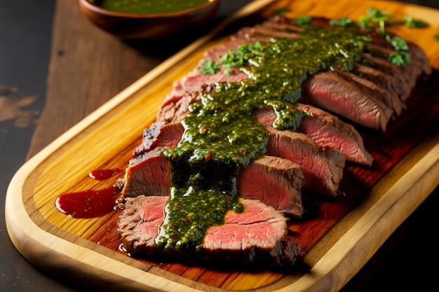 Foto fraldinha em fatias finas de torrefação fraca com molho chimichurri a bordo