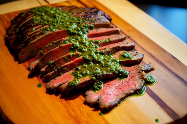 Foto fraldinha em fatias finas de torrefação fraca com molho chimichurri a bordo