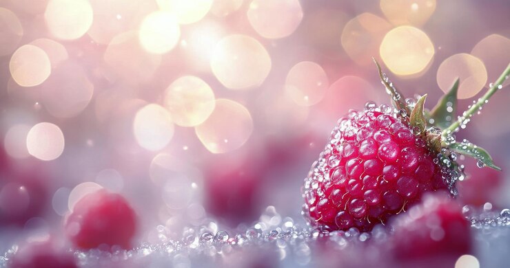 Foto framboesa fresca com gotículas em um fundo desfocado de luzes bokeh suaves
