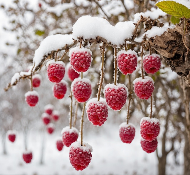 Framboesas congeladas em um ramo coberto de neve no inverno