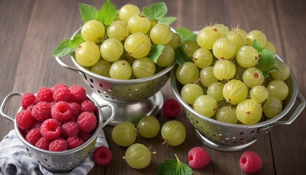 Framboesas e framboesas frescas em colander, bagas de verão