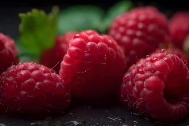 Framboesas em uma mesa preta com gotas de água na mesa