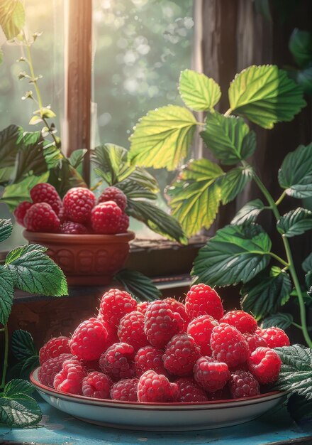 Framboesas frescas em um prato em uma mesa de madeira no jardim