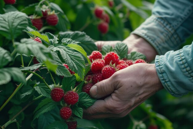 Framboesas frescas maduras conceito de jardinagem de alimentos biológicos saudáveis