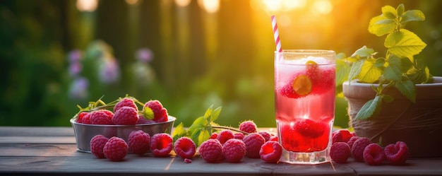 framboesas limonada fresca fria com limão em mesa de madeira no jardim de verão generativo ai