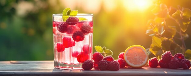 framboesas limonada fresca fria com limão em mesa de madeira no jardim de verão generativo ai