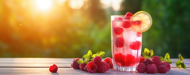 framboesas limonada fresca fria com limão em mesa de madeira no jardim de verão generativo ai