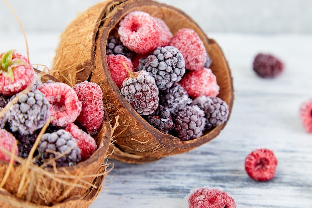 Framboesas pretas e vermelhas congeladas em uma tigela de coco.