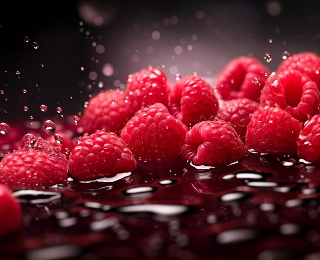 Frambuesa fresca con gotas de agua