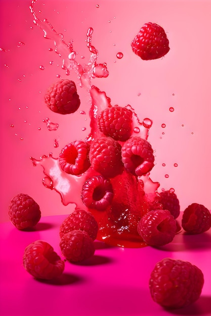 Frambuesa jugosa madura con salpicaduras de gotas de agua o jugo sobre un fondo rosa AI generativo 4