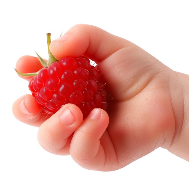 Frambuesa en la mano de un niño aislada en un fondo blanco o transparente primer plano de frambuesa en