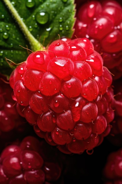 Una frambuesa roja vibrante que brilla con gotas de rocío frescas