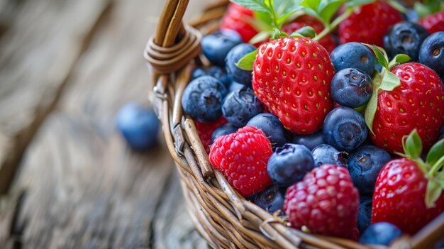 Frambuesas, arándanos y fresas en una canasta tejida