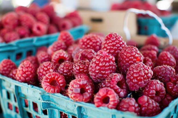 Foto las frambuesas ecológicas en el mercado