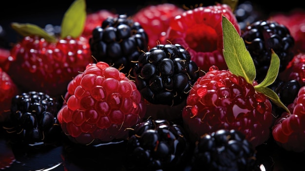 Frambuesas frescas, arándanos, moras con gotas de agua