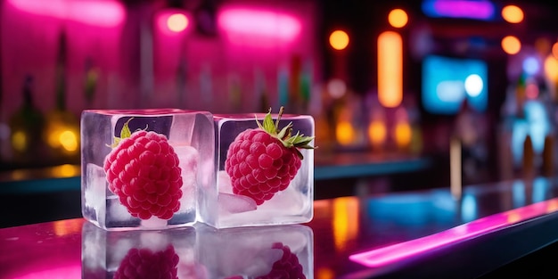 Frambuesas frescas en cubos de hielo en el mostrador del bar con fondo de club nocturno