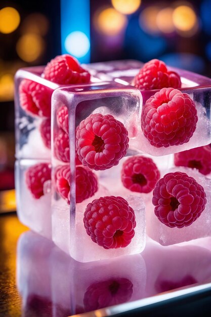 Frambuesas frescas en cubos de hielo en el mostrador del bar con fondo de club nocturno