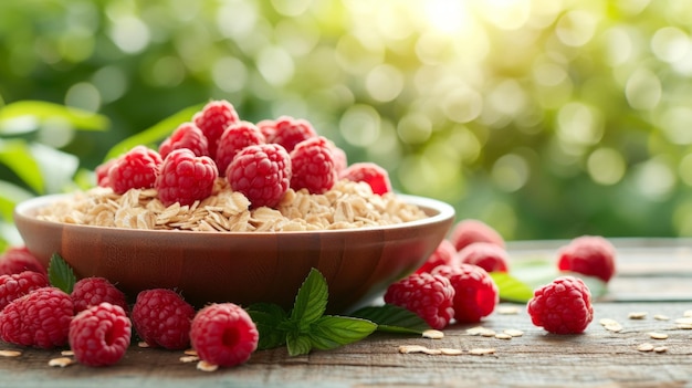 Frambuesas frescas en un cuenco con avena