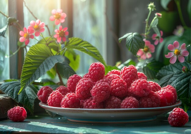 Frambuesas frescas en un plato en una mesa de madera en el jardín