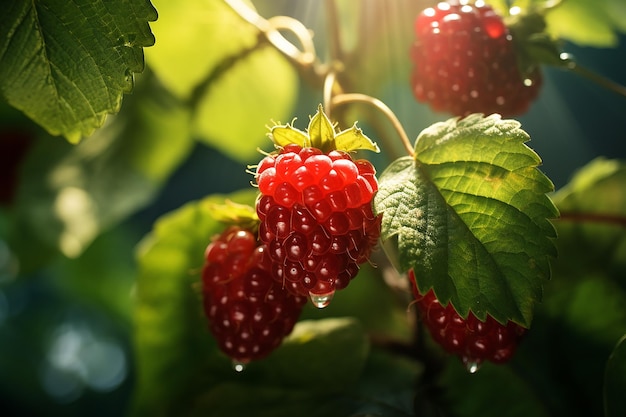 Las frambuesas maduras en una rama en el jardín