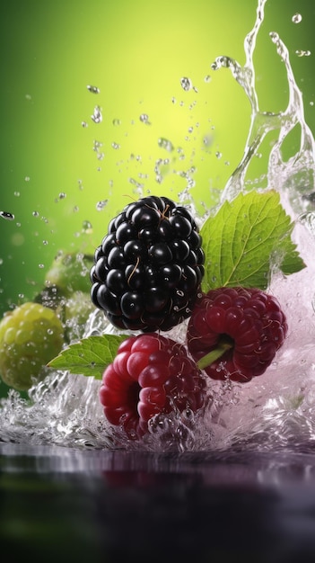 Las frambuesas y las moras caen con gracia y salpican en el agua cristalina