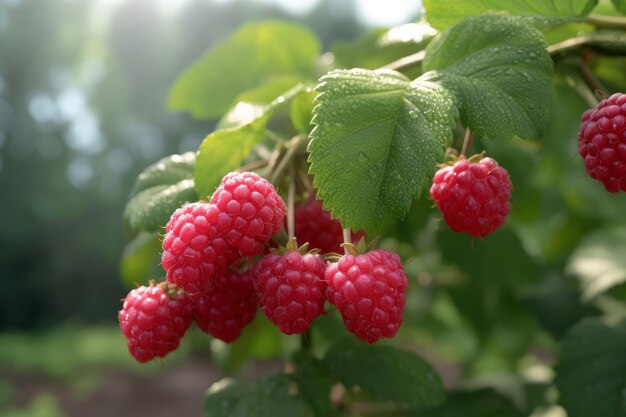 Frambuesas rojas frescas colgando de la rama