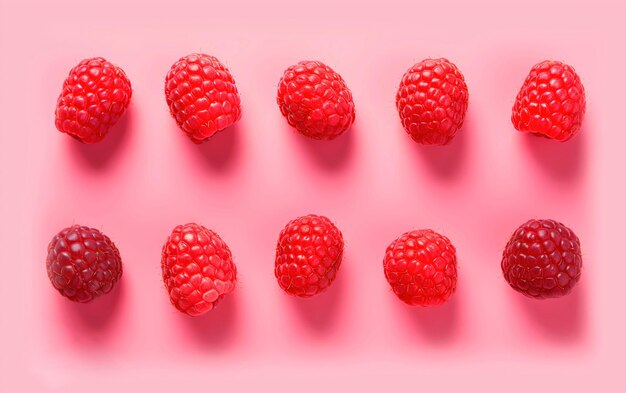 Foto frambuesas rojas y jugosas alineadas simétricamente sobre un fondo rosado