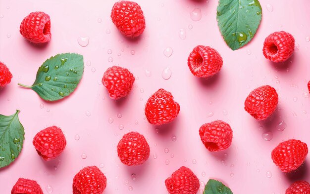 Foto frambuesas rojas y jugosas sobre un fondo rosado con hojas verdes frescas