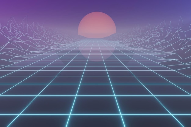 Frame de alambre de onda sintética fondo retro de los años 80 paisaje de horizonte de onda retro con luces de neón y baja polietileno
