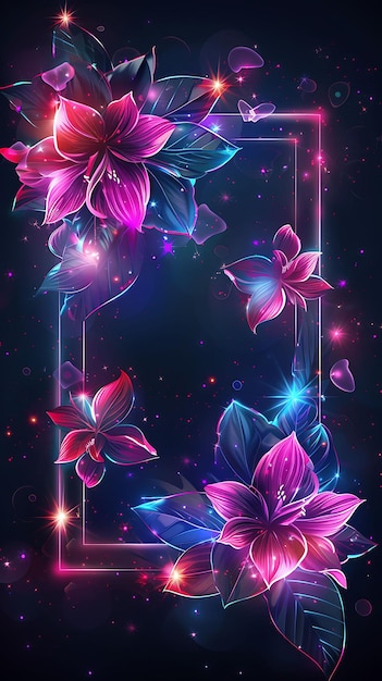 Frame Arcano do Jardim Celestial Sonhador com Estrelas Flutuantes e Coleção de Arte de Fundo de Cor Neon